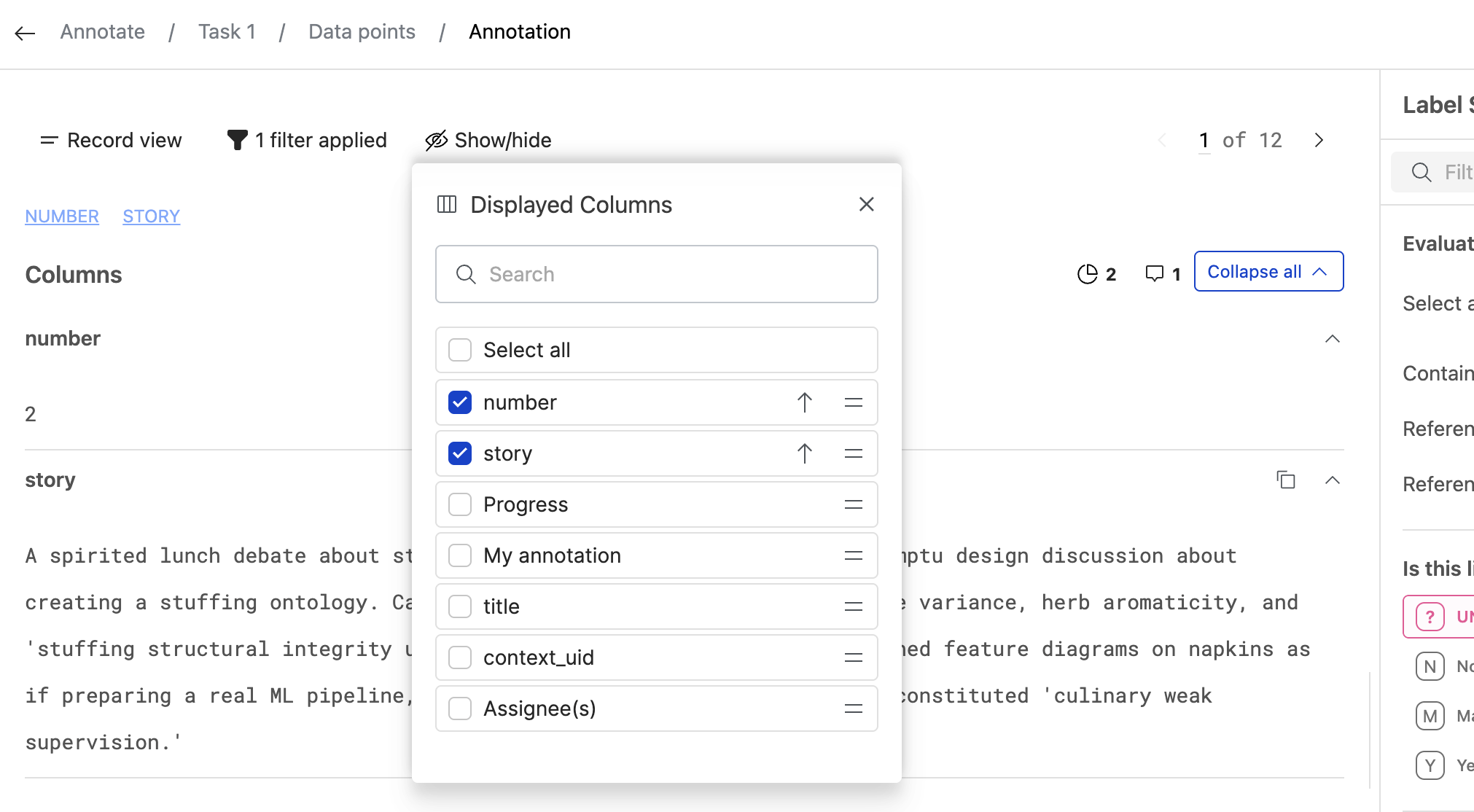 Visible columns for reviewer