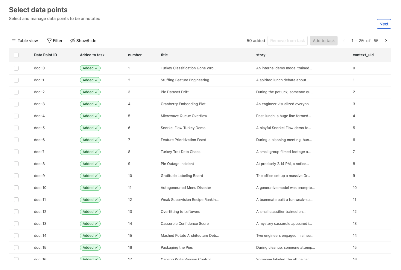 Select datapoints page